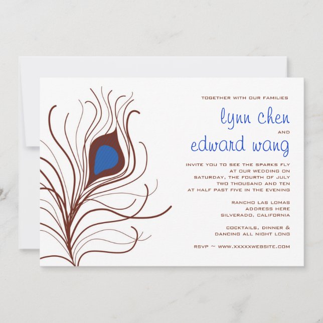 Peacock Feather Wedding Invitation - cobalt blue (Front)
