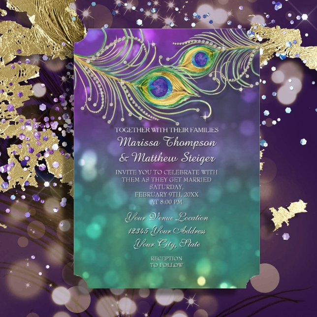 Peacock Feather Wedding Jeweled Feathers Bokeh Invitation (Creator Uploaded)