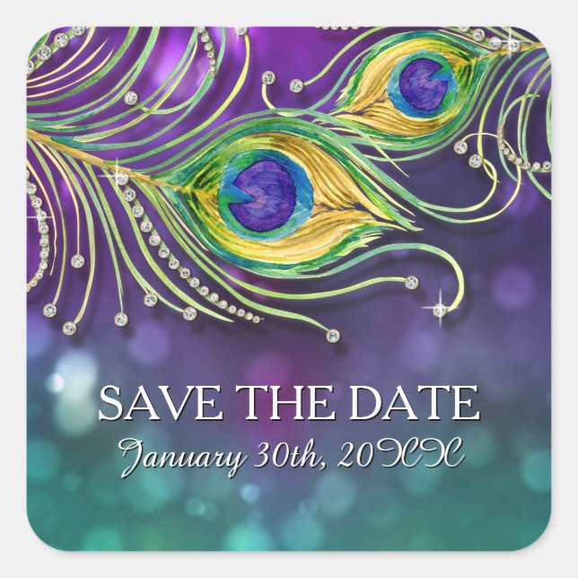 Peacock Feather Wedding Jewelled Feathers Bokeh Square Sticker (Front)