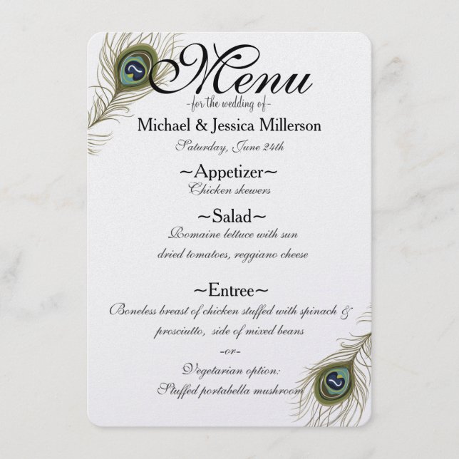 Peacock Feather Wedding Menu (Front)