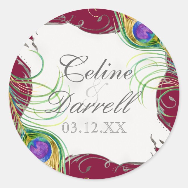 Peacock Feather Wedding Sticker or Seal (Front)