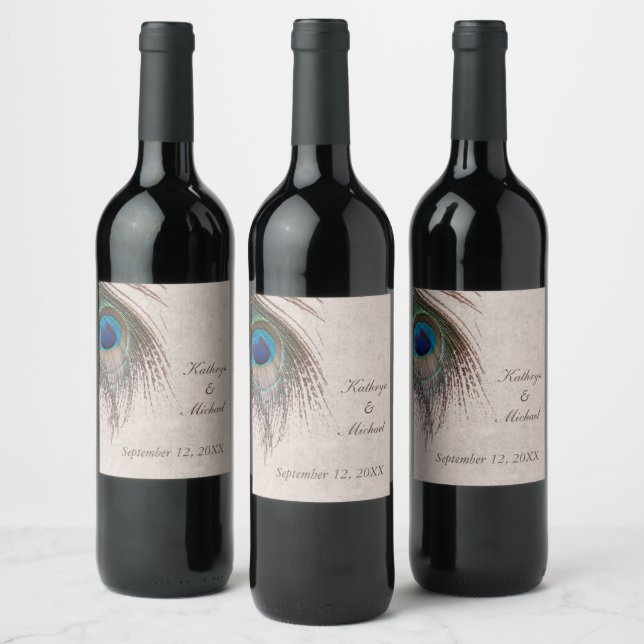 Peacock Feather Wedding Wine Label (Bottles)