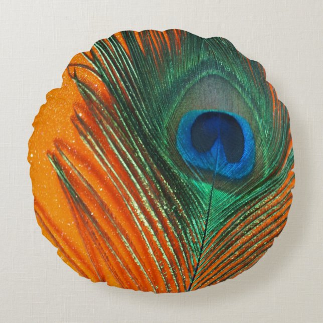 Peacock Feather with Orange Round Cushion (Front)
