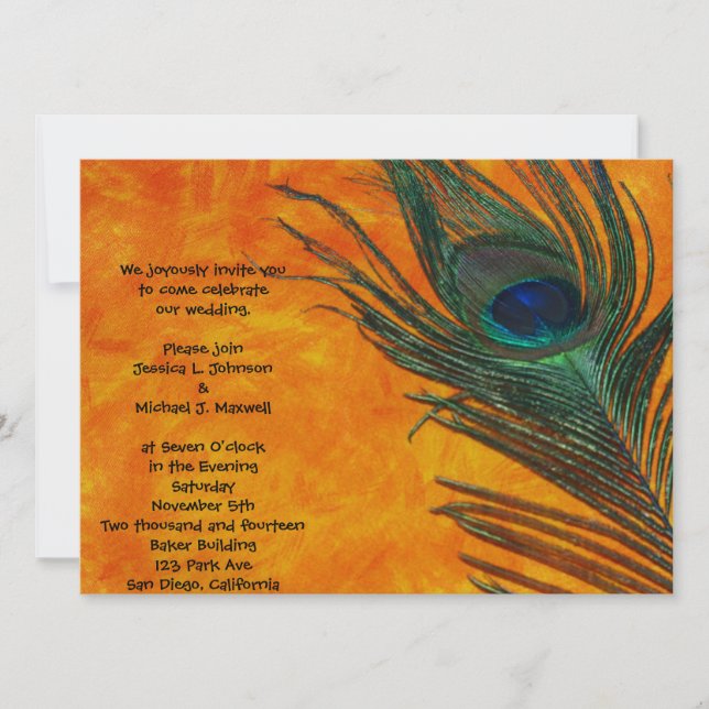 Peacock Feather with Orange Wedding Invitation (Front)