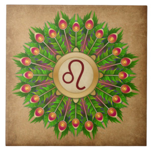 Peacock Feather Wreath Zodiac Sign Leo Tile