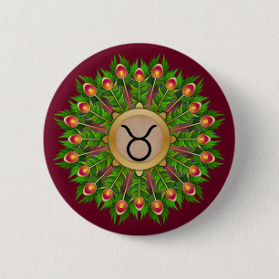 Peacock Feather Wreath Zodiac Sign Taurus 6 Cm Round Badge