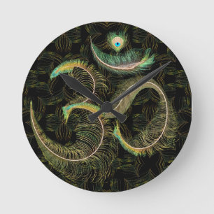 peacock feathered om black on black wall clock
