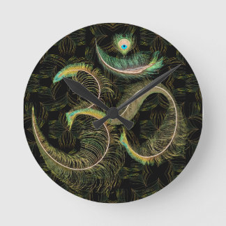 peacock feathered om black on black wall clock