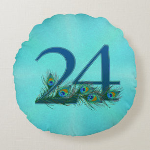 Peacock Feathers 24 Birthday Anniversary Milestone Round Cushion