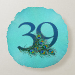 Peacock Feathers 39 Birthday Anniversary Milestone Round Cushion