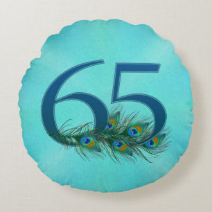 Peacock Feathers 65 Birthday Anniversary Milestone Round Cushion