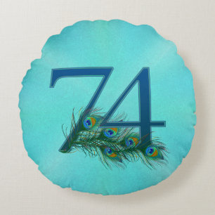 Peacock Feathers 74 Birthday Anniversary Milestone Round Cushion