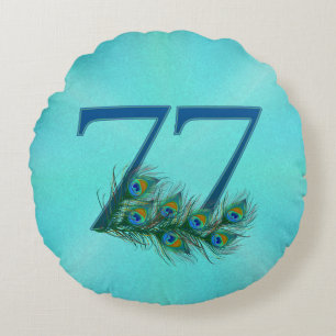 Peacock Feathers 77 Birthday Anniversary Milestone Round Cushion