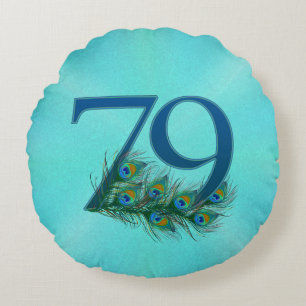 Peacock Feathers 79 Birthday Anniversary Milestone Round Cushion