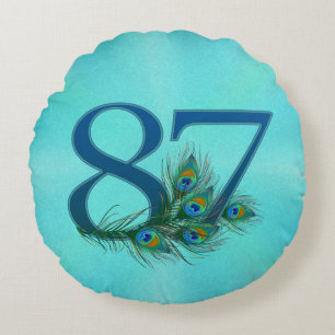 Peacock Feathers 87 Birthday Anniversary Milestone Round Cushion