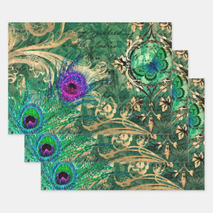 Peacock Feathers and Butterfly Wrapping Paper Sheet