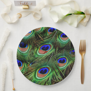 Peacock Feathers Animal Print Teal Green Paper Plate