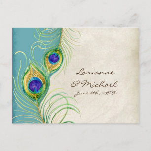 Peacock Feathers Aqua  Damask RSVP Response Card