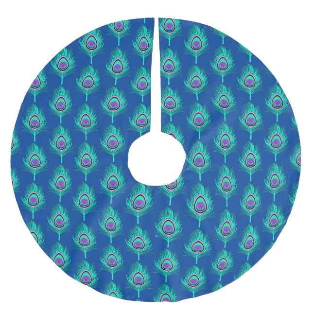 Peacock Feathers, Aqua on Deep Cobalt Blue Brushed Polyester Tree Skirt (Front)