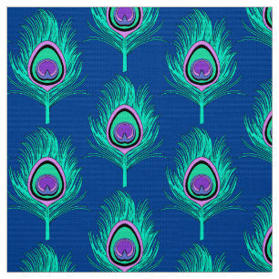 Peacock Feathers, Aqua on Deep Cobalt Blue Fabric