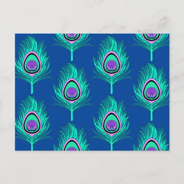 Peacock Feathers, Aqua on Deep Cobalt Blue Postcard (Front)