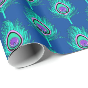 Peacock Feathers, Aqua on Deep Cobalt Blue Wrapping Paper