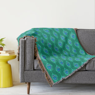 Peacock Feathers, Aqua on Turquoise / Peacock Blue Throw Blanket