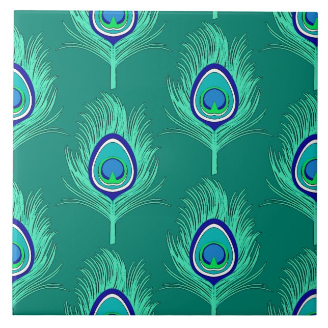 Peacock Feathers, Aqua on Turquoise / Peacock Ceramic Tile (Front)