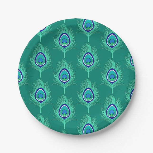Peacock Feathers, Aqua on Turquoise / Peacock Paper Plate (Front)