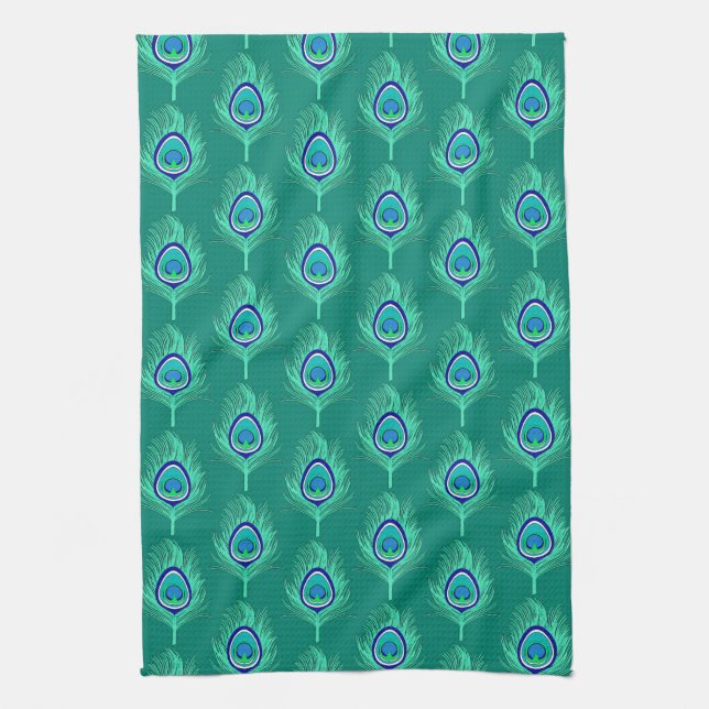 Peacock Feathers, Aqua on Turquoise / Peacock Tea Towel (Vertical)
