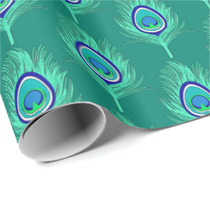 Peacock Feathers, Aqua on Turquoise / Peacock Wrapping Paper