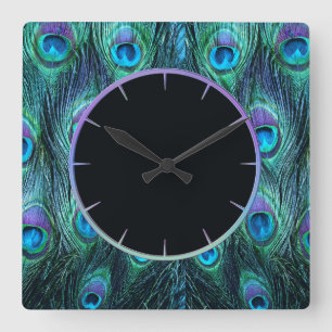 Peacock Feathers Aqua Square Wall Clock