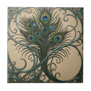 Peacock Feathers Art Nouveau Ornate Teal Frame Ceramic Tile