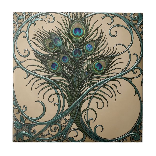 Peacock Feathers Art Nouveau Ornate Teal Frame Ceramic Tile (Front)