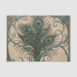 Peacock Feathers Art Nouveau Ornate Teal Frame Tissue Paper