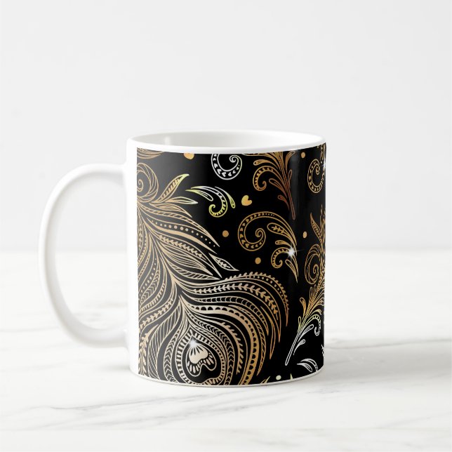 Peacock Feathers: Artistic Freehand Drawing. Coffee Mug (Left)