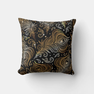 Peacock Feathers: Artistic Freehand Drawing. Cushion