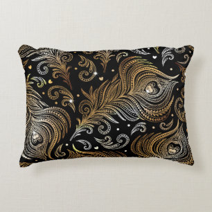 Peacock Feathers: Artistic Freehand Drawing. Decorative Cushion