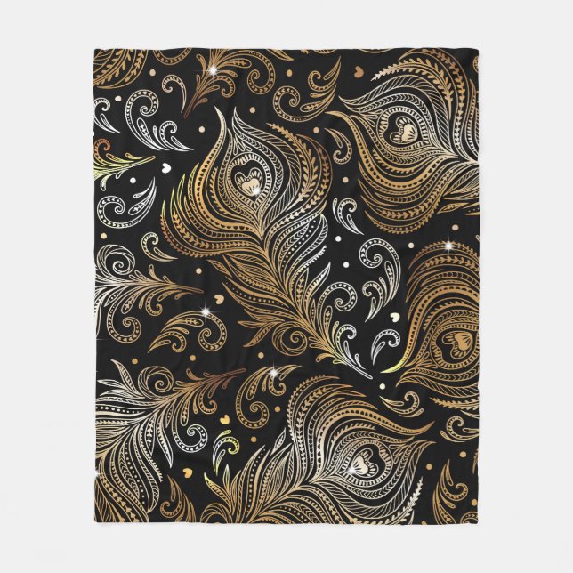 Peacock Feathers: Artistic Freehand Drawing. Fleece Blanket (Front)