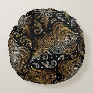 Peacock Feathers: Artistic Freehand Drawing. Round Cushion