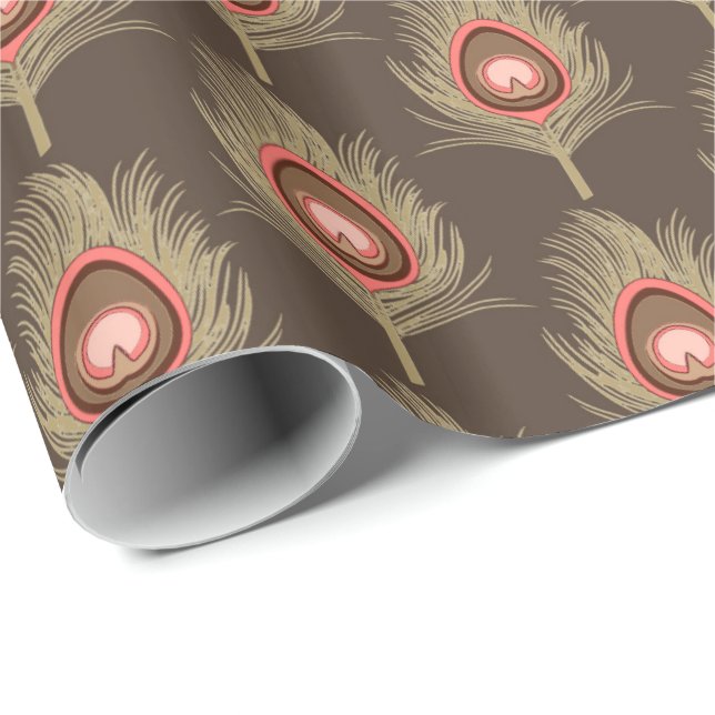 Peacock Feathers, Beige on Dark Chocolate Brown Wrapping Paper (Roll Corner)