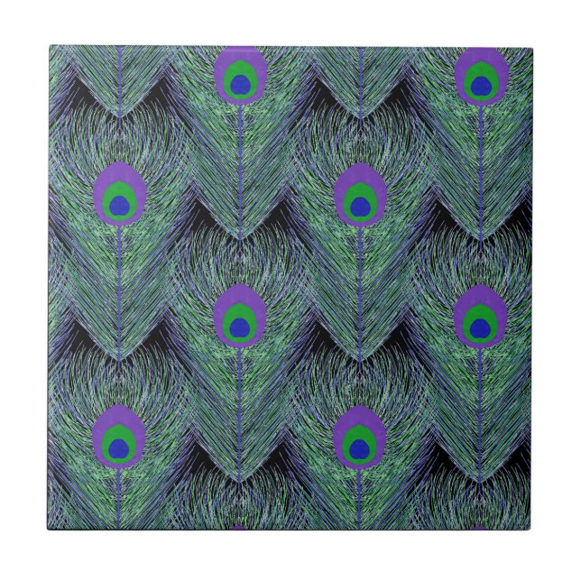 Peacock Feathers Black Background Ceramic Tile (Front)