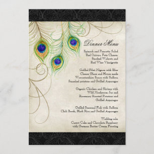 Peacock Feathers Black Damask Wedding Stationery Menu