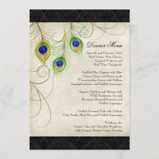 Peacock Feathers Black Damask Wedding Stationery Menu (Front)