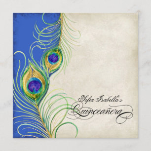 Peacock Feathers Blue Damask Quinceanera Party Invitation