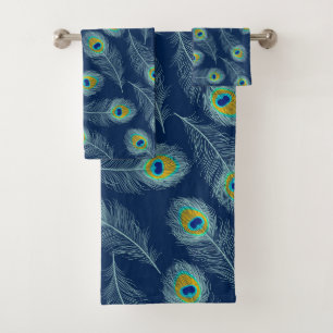 Peacock Feathers Blue Pattern Bath Towel Set