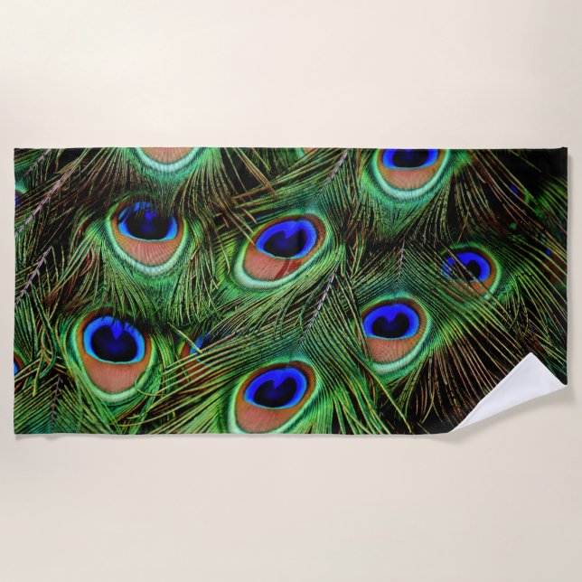 Peacock Feathers Blue Teal Colourful Photography Beach Towel (Front)