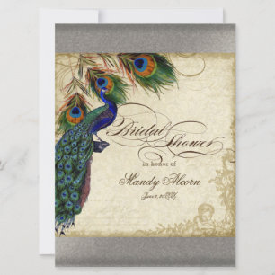 Peacock & Feathers Bridal Shower Silver Metallic Invitation