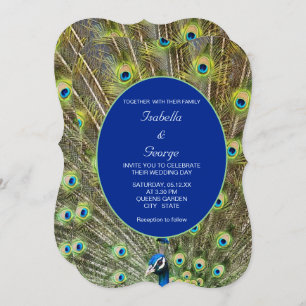 Peacock Feathers & Calligraphy on Blue Wedding Invitation