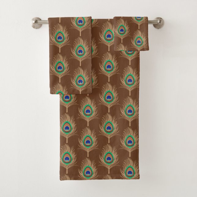 Peacock Feathers, Camel Tan on Chocolate Brown Bath Towel Set (Insitu)